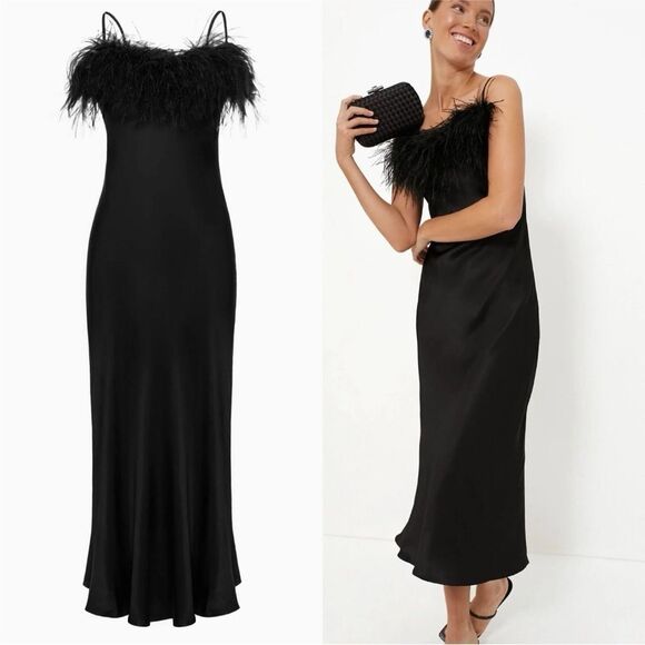 NWT SLEEPER Boheme Feather-trimmed Slip Dress in Ecovero Black $350 - Picture 1 of 9